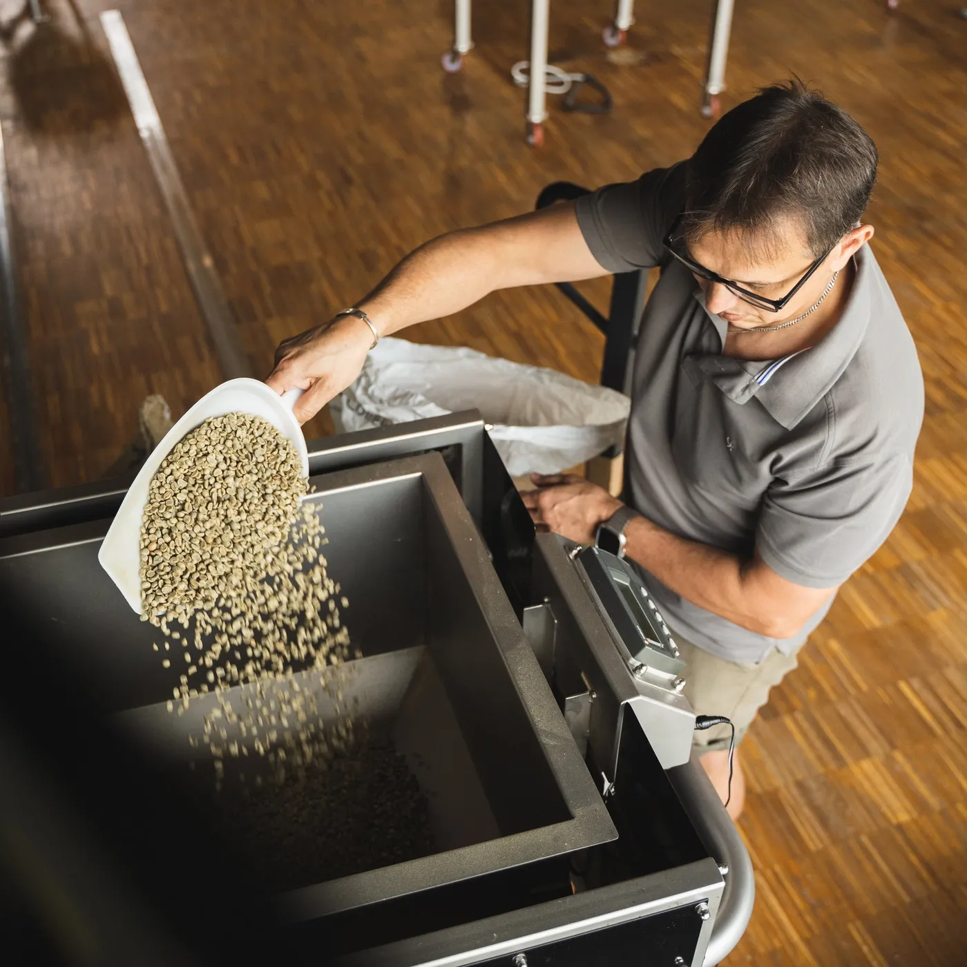 Green beans going into the roaster at Tewoo
